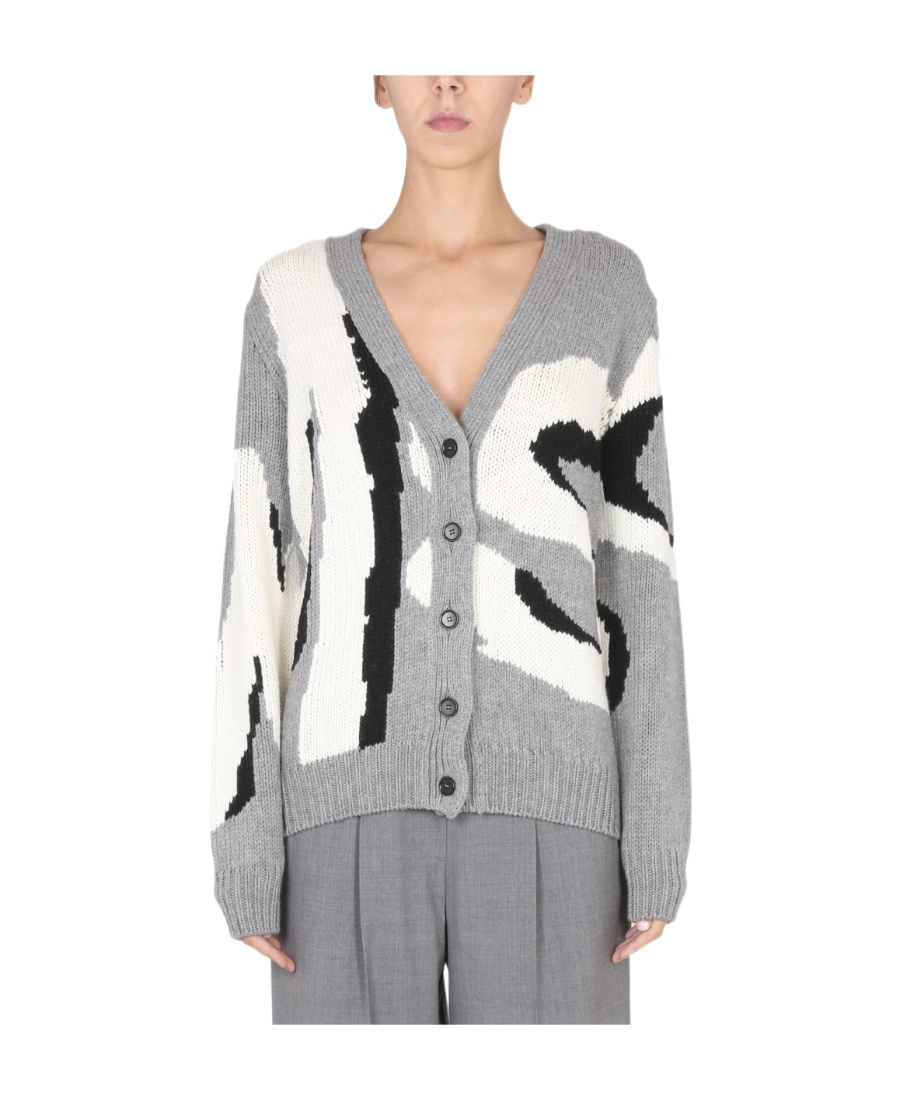 Msgm Logo-print Knit Cardigan In Gray