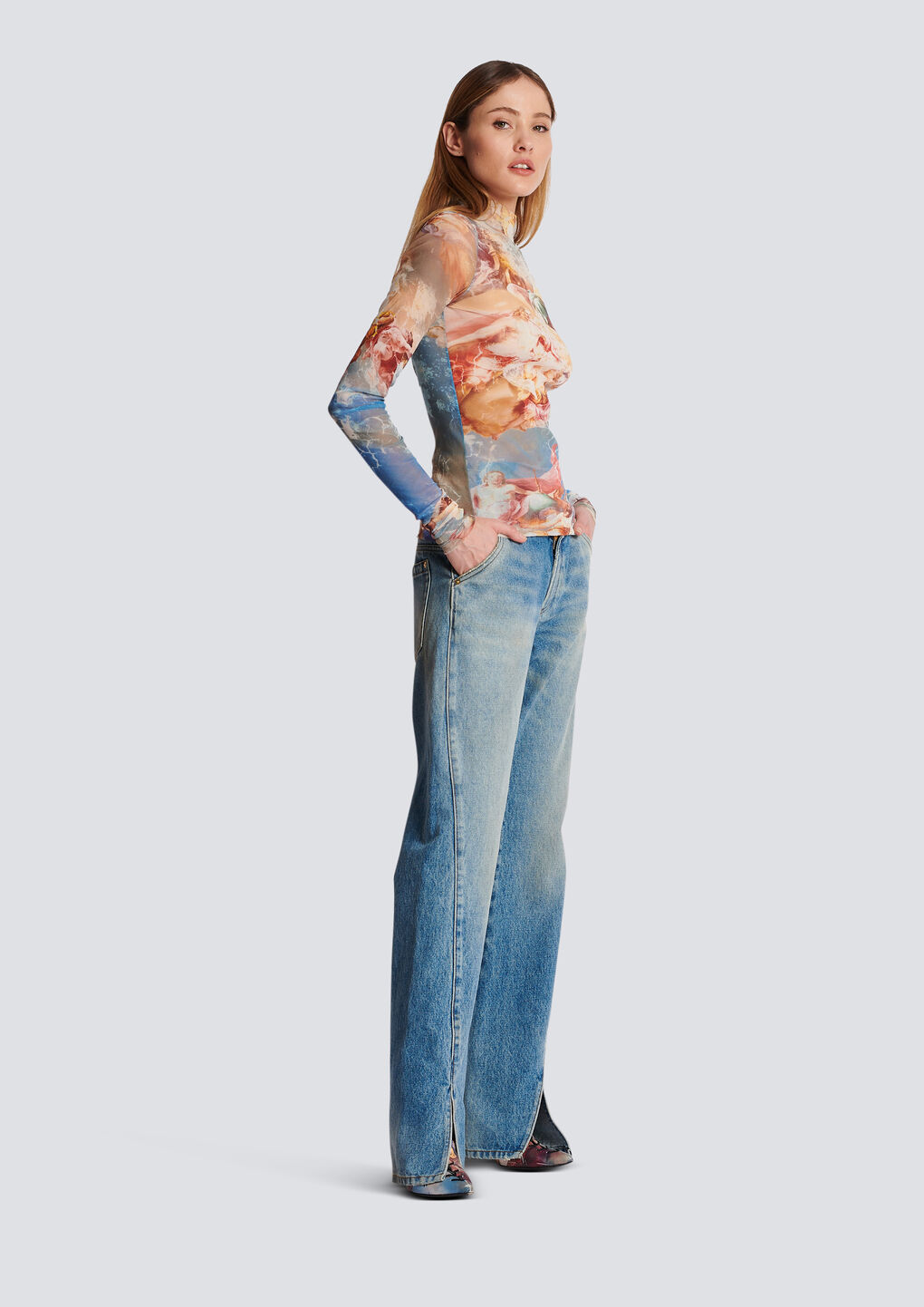 Balmain Sky Printed Tulle Top In White