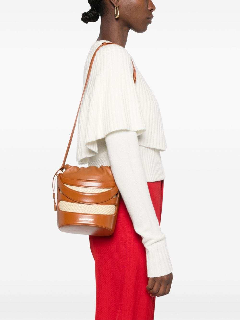 Alexander Mcqueen Women Two-tone Leather And Raffia Mini The Rise Bucket Bag In Brown