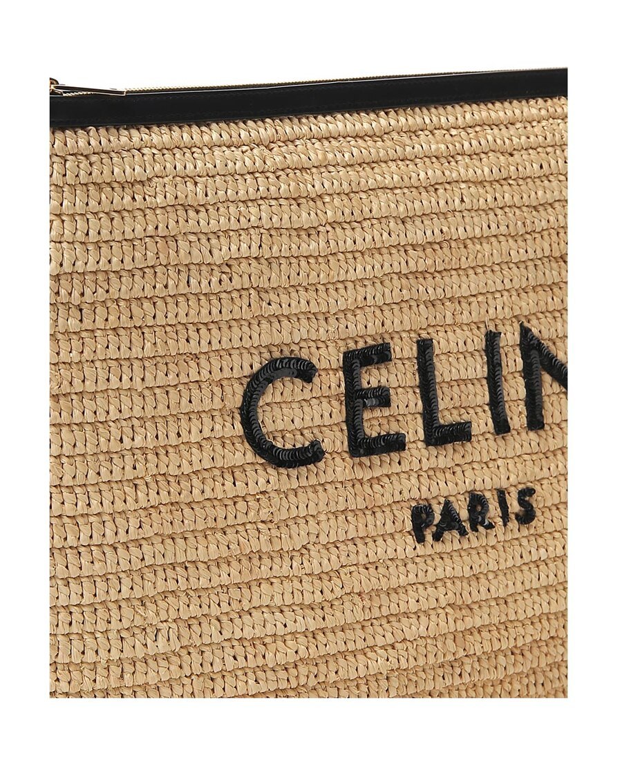 Celine Large Pouch In Raffia And Natural Calfskin