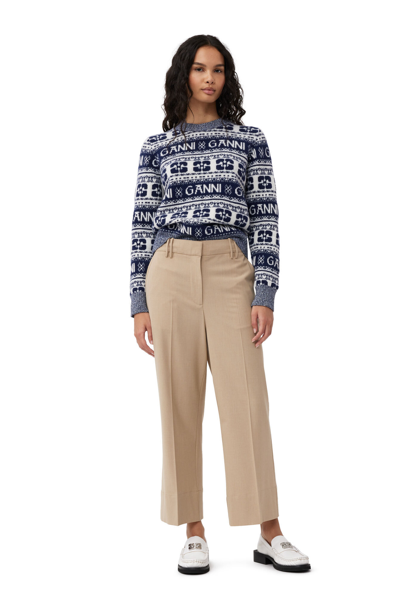 Ganni Cropped Wide-leg Trouser In Nude