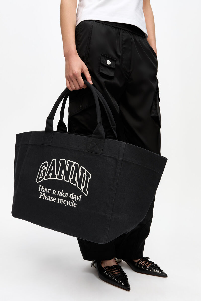 Ganni Black Oversized Canvas Tote In Black