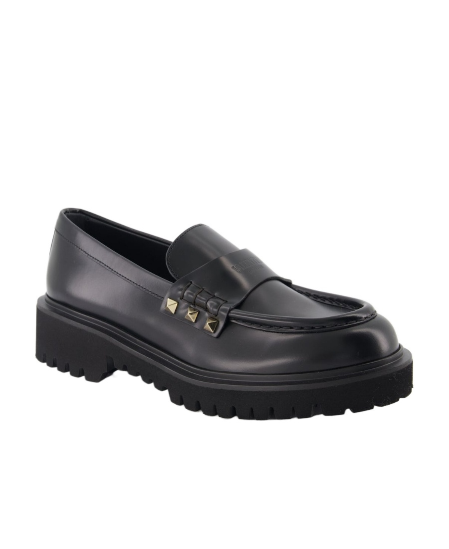 Shop Valentino Rockstud Calfskin Loafer In Black