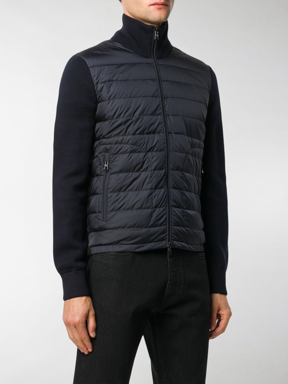 Moncler Quilted Down Jacket With Knitted Sleeves In Blue