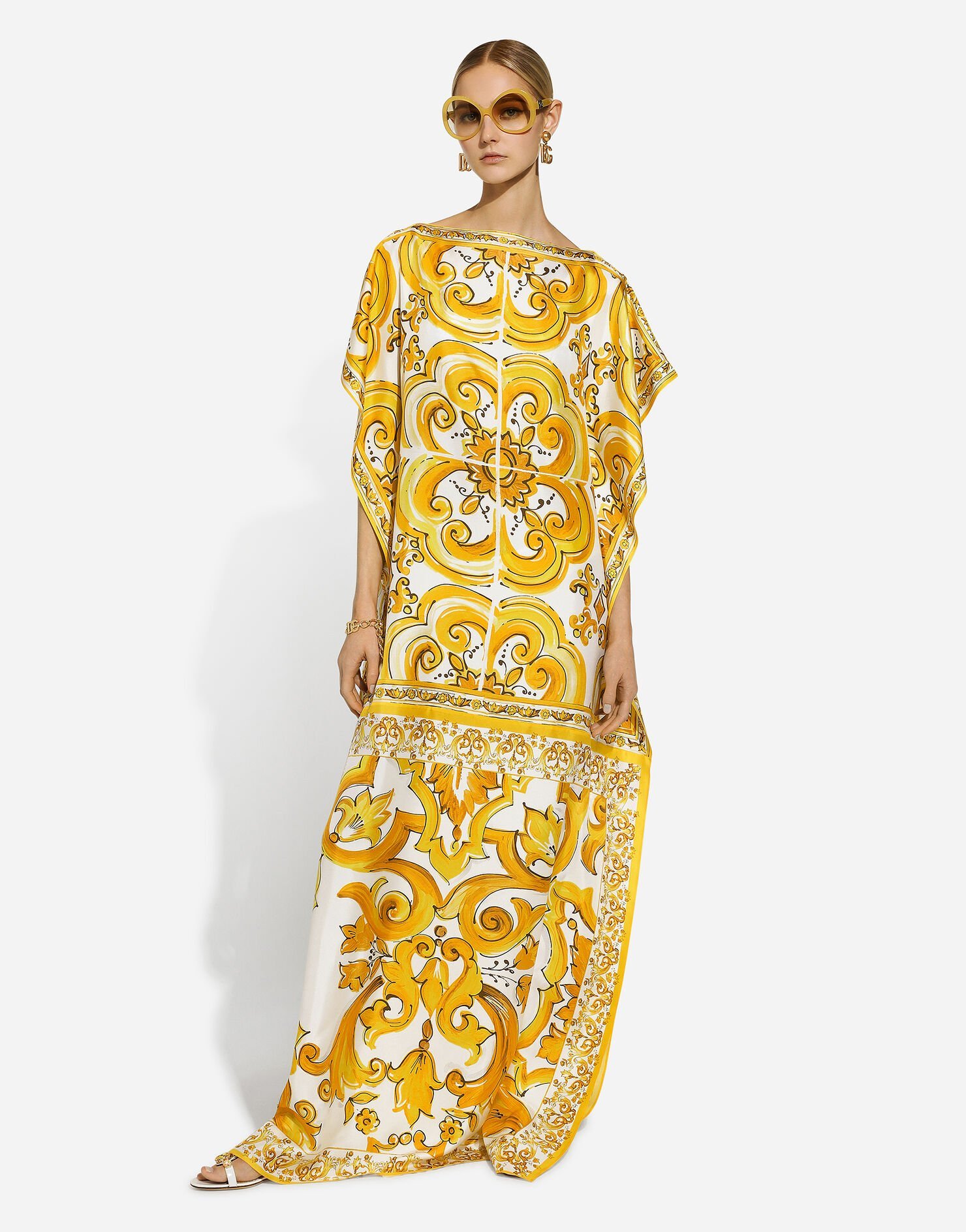 Dolce & Gabbana Yellow Dots Print Silk Maxi Dress In Yellow