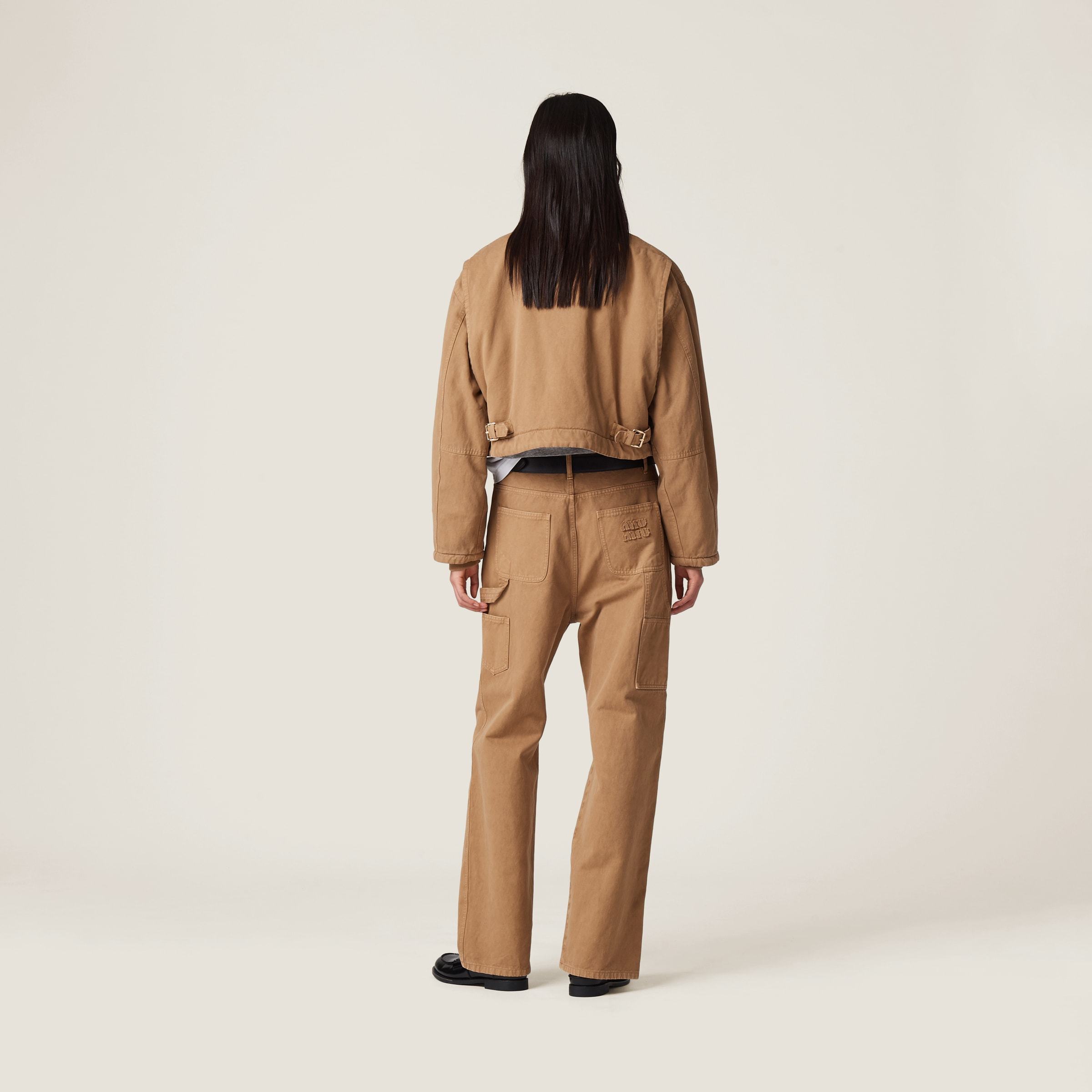Miu Miu Logo-patch Straight-leg Cotton Trousers In Nude