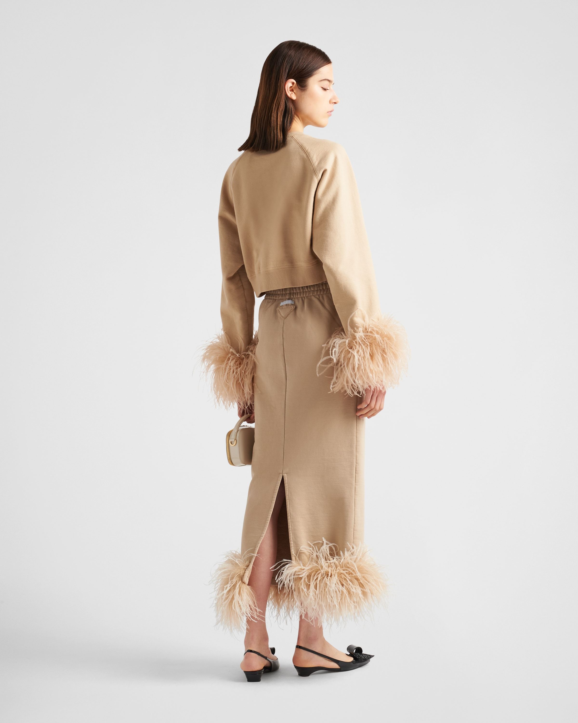 Prada Cotton Fleece Skirt With Feather Trim In Nude