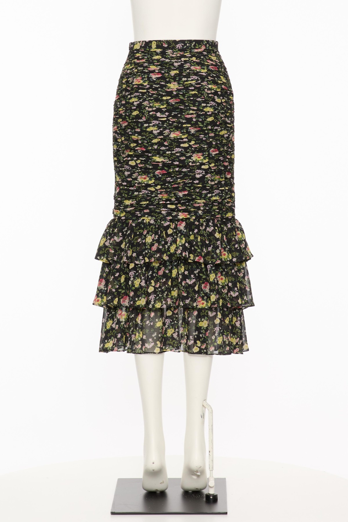 Valentino Ruched Flower Print Midi Skirt With Ruffle Hem In Black