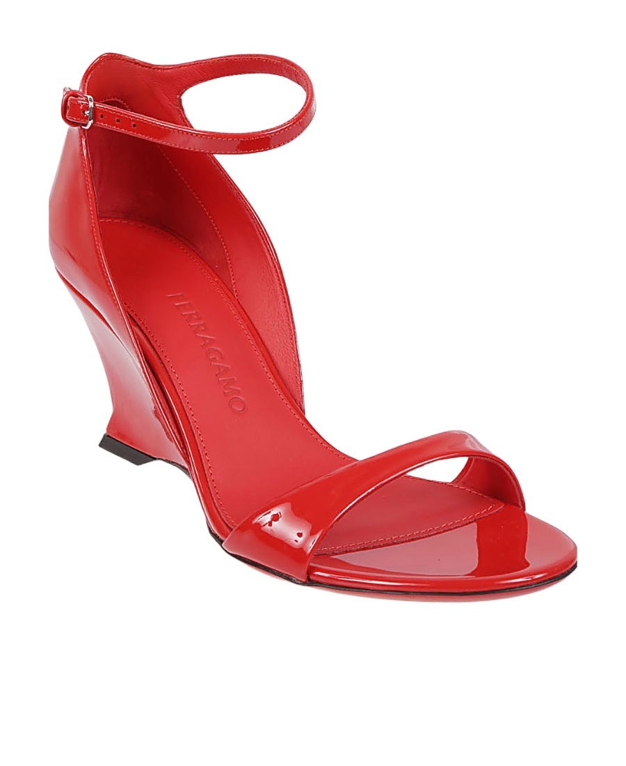 Ferragamo Glossy Leather Sandals With Shaped Wedge Heel In Red