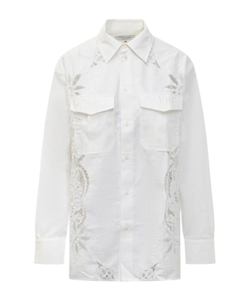 Marine Serre Crochet-panel Embroidered Long-sleeved Shirt In White