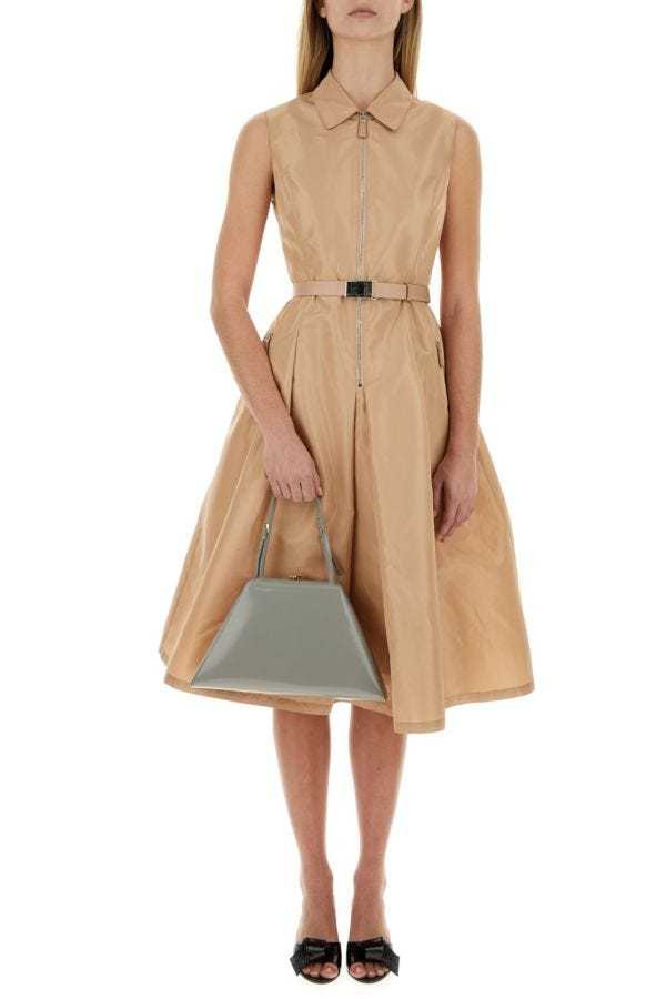 Prada Adjustable Leather Shoulder Bag With Tonal Handles In Cloud Ash