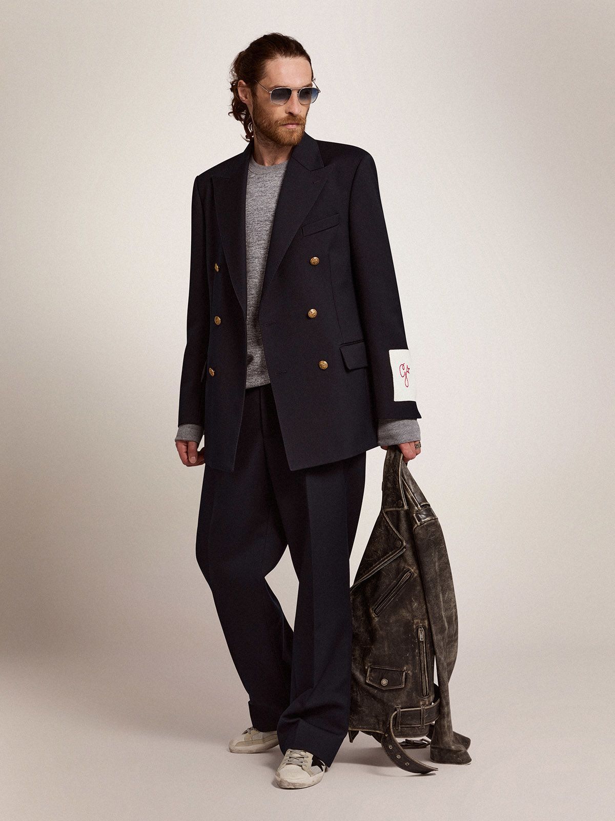 Golden Goose Navy Blue Pinstripe Double-breasted Jacket In Black