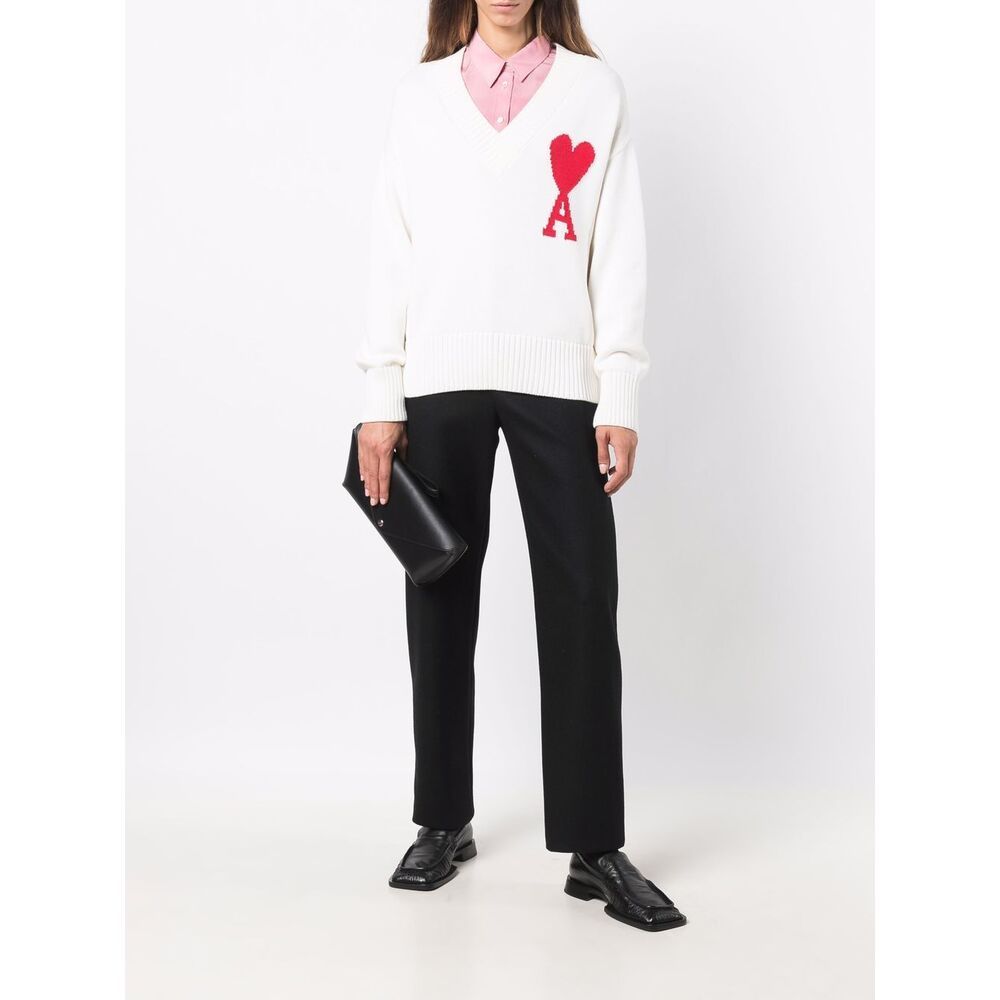 Ami Alexandre Mattiussi Oversize Ami De Coeur V-neck Jumper In White