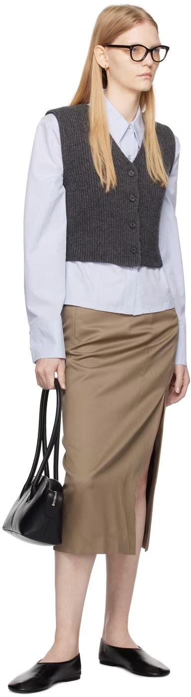 Low Classic Beige Curve Hole Midi Skirt In Brown