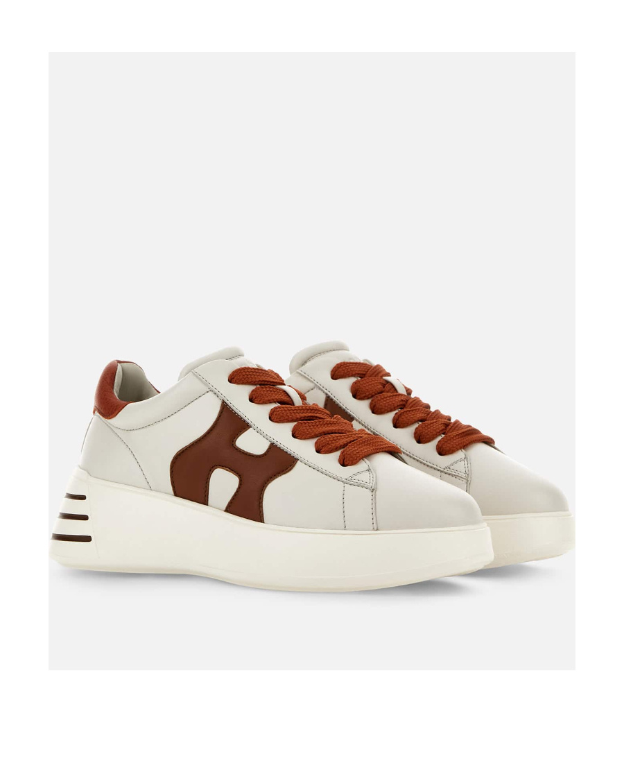 Hogan Rebel Calf Leather Sneakers With Pink Heel In White