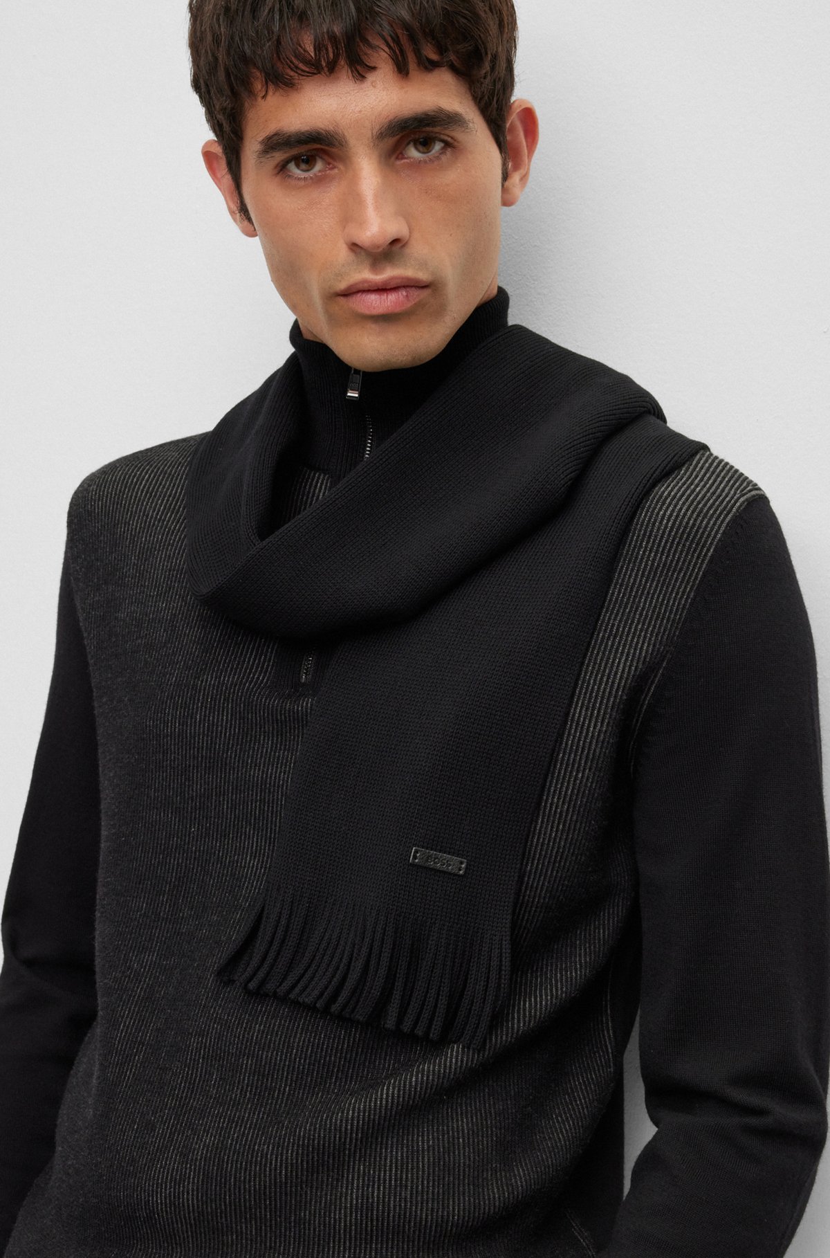 Hugo Boss Raschel-knit Scarf In Virgin Wool In Black