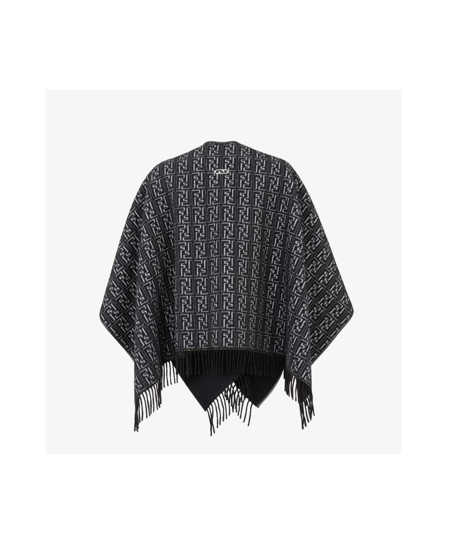 Fendi Fringed Monogram-jacquard Poncho In Black