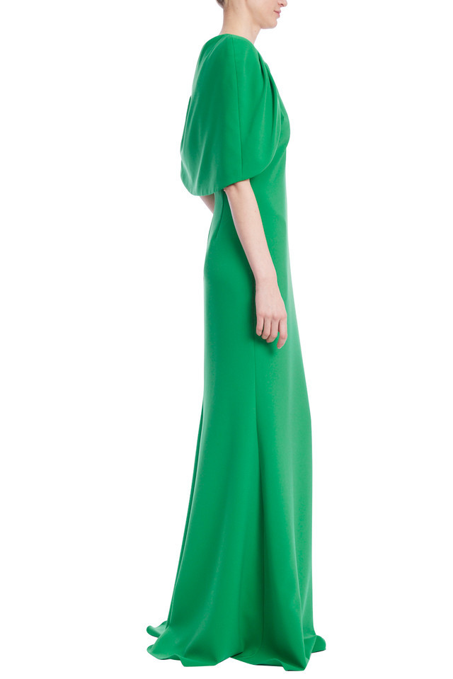 Badgley Mischka Cape-sleeve Crepe Trumpet Gown In Green