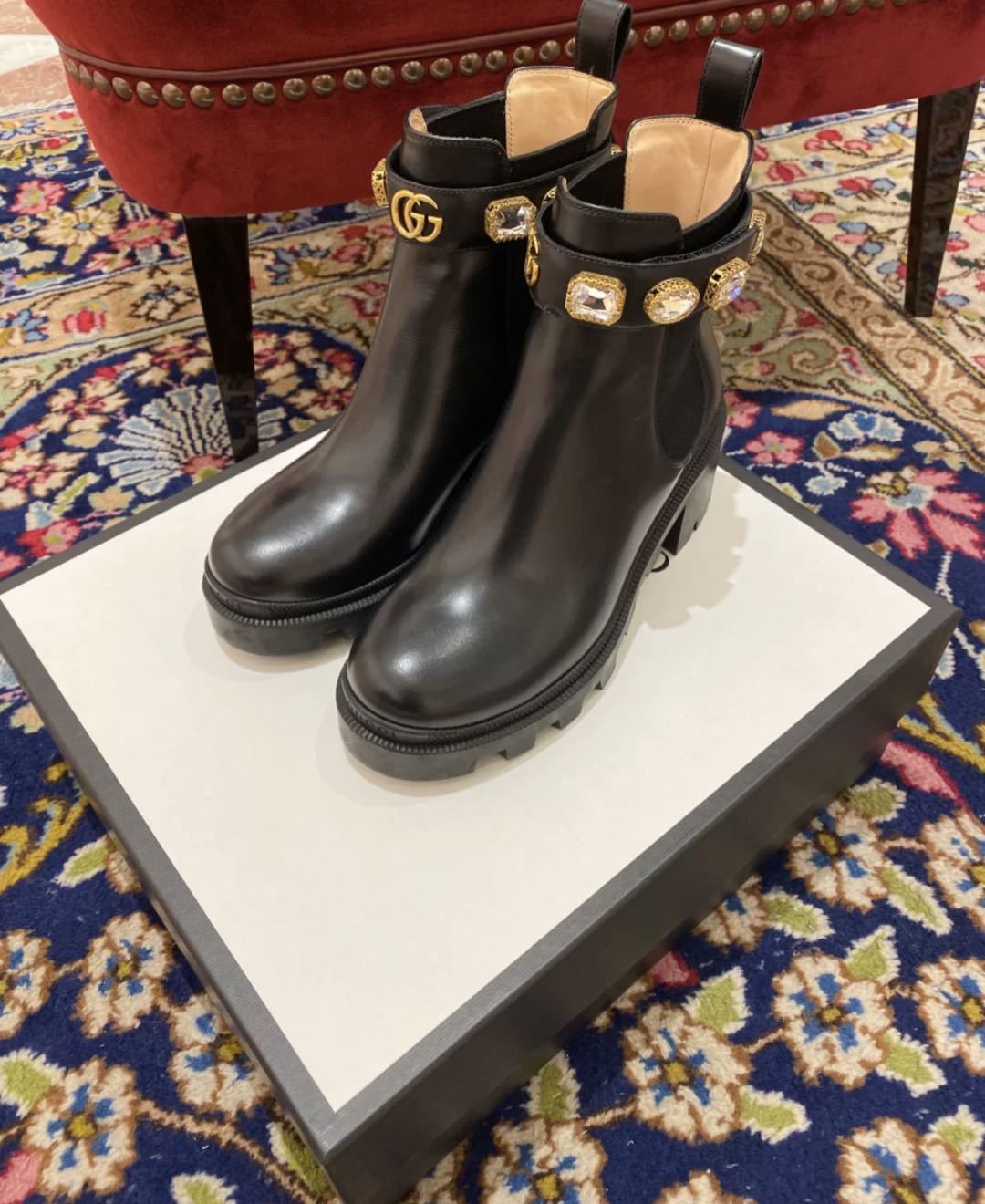 Shop Gucci Leather Ankle Boot With Belt In Black