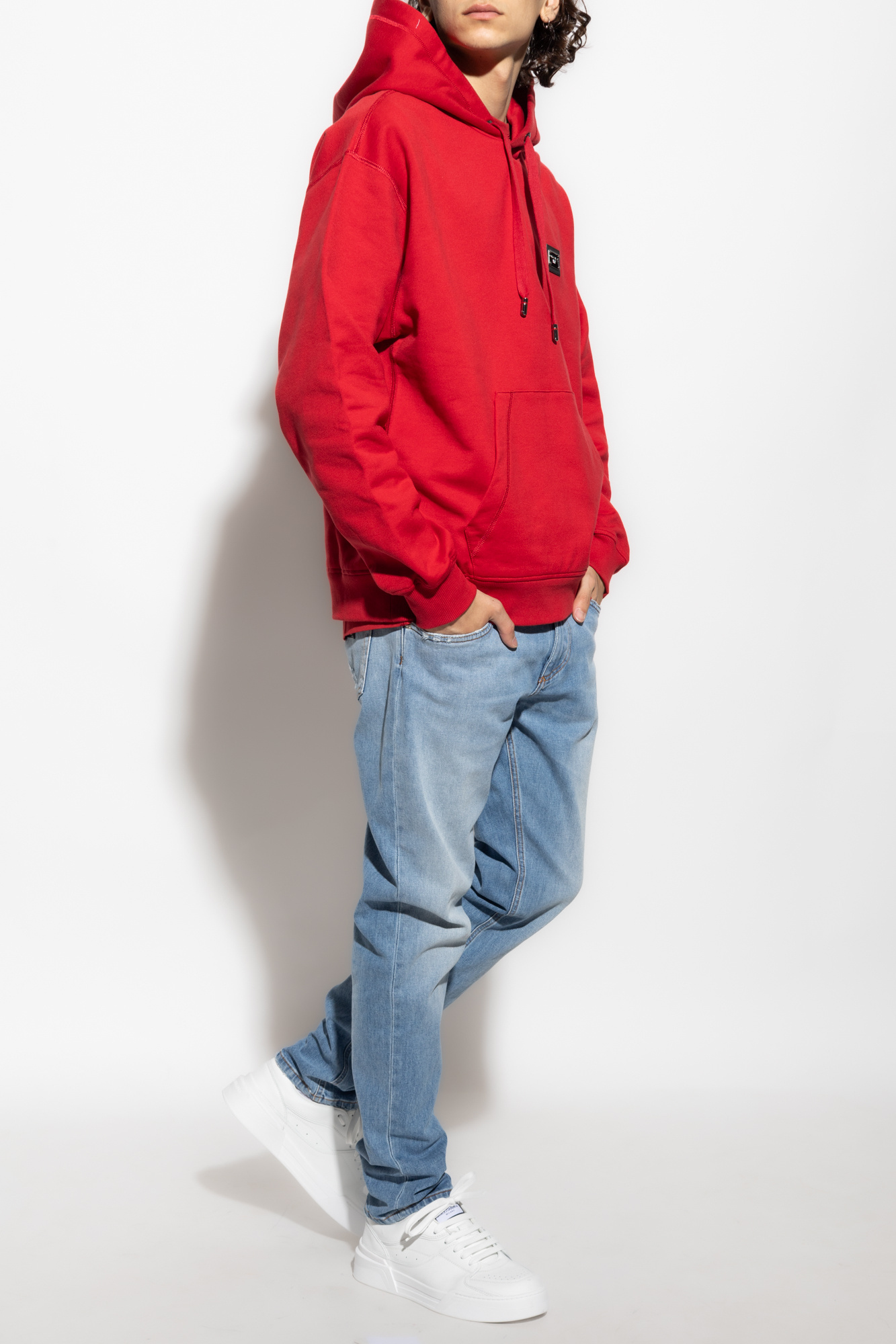 Dolce & Gabbana Logo Plaque Drawstring Hoodie In Red