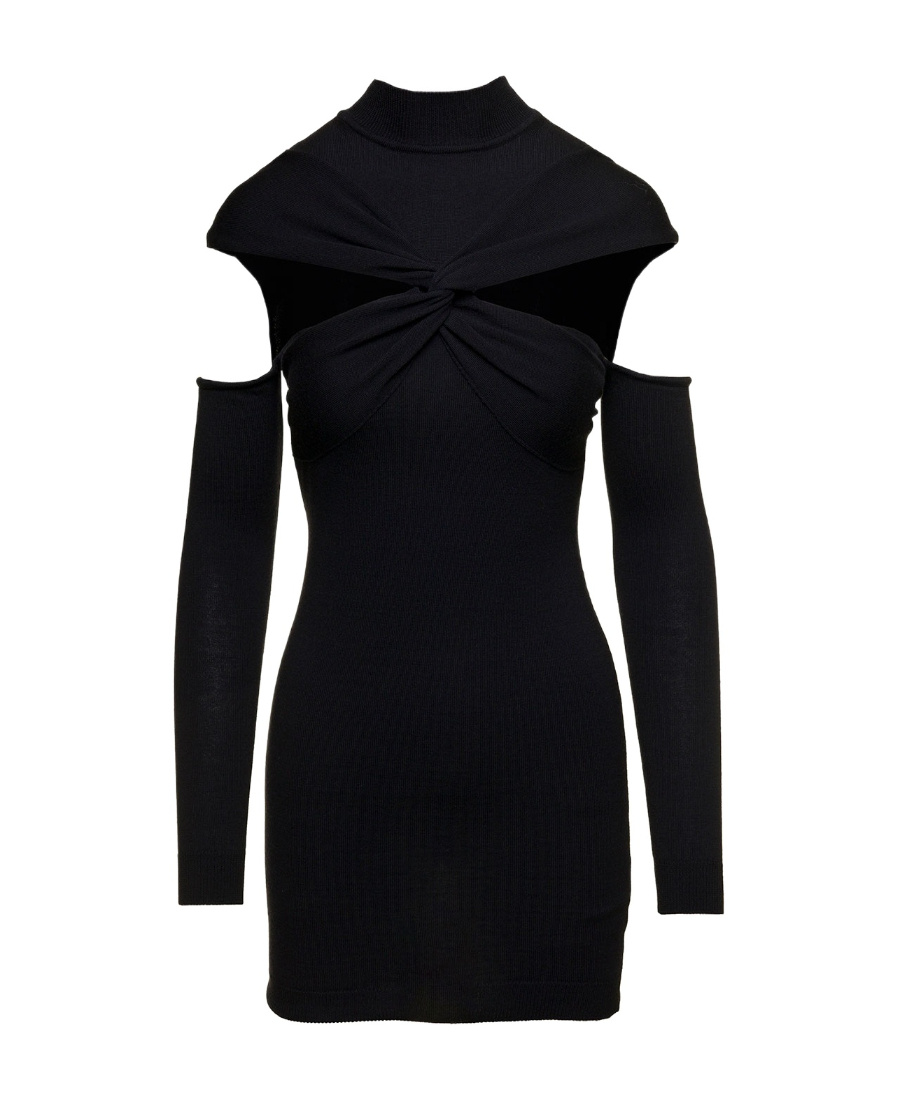 Coperni Black Mini Dress With Mock Neck And Twisted Cut-out In Wool Woman In Black