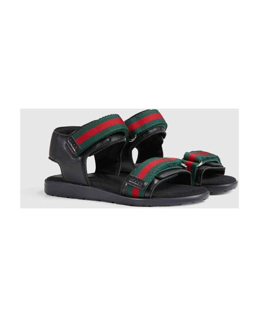 Gucci Unisex Leather Sandals With Web Eu 31 Uk 12.5 Black In Black
