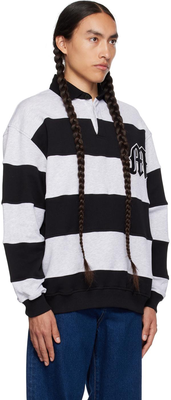 Msgm Gray Striped Long Sleeve Polo In Black