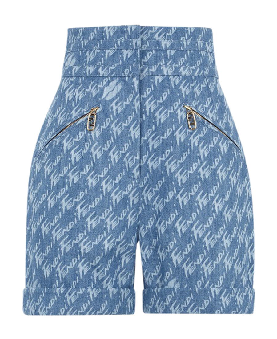Fendi Monogram-print Denim Shorts In Blue