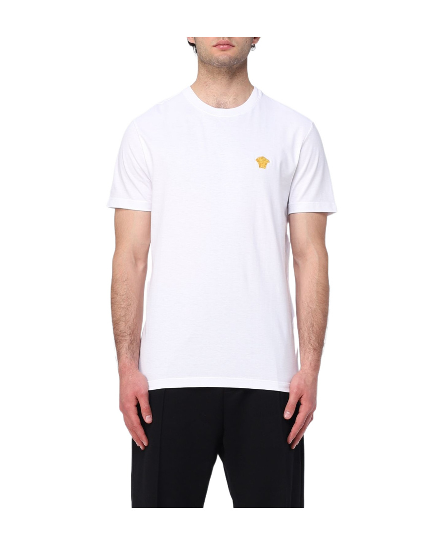 Versace White Crewneck T-shirt With Medusa Embroidery On The Front In Cotton Man In White