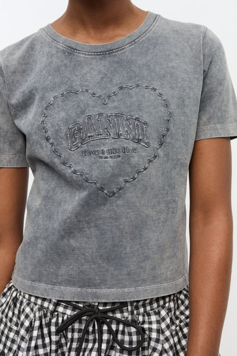 Ganni Cotton T-shirt Featuring Heart Embroidery In Gray