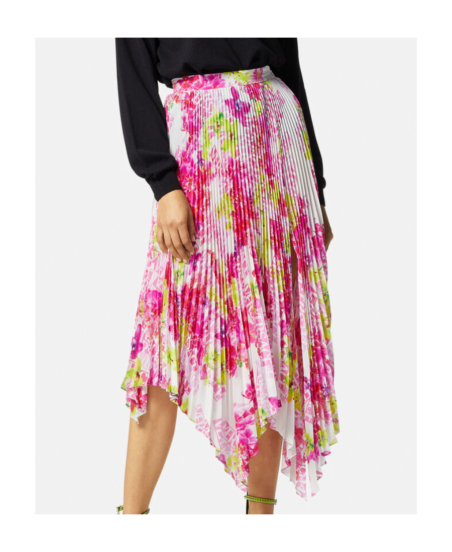 Versace Orchid Print Pleated Crepe Midi Skirt In Pink