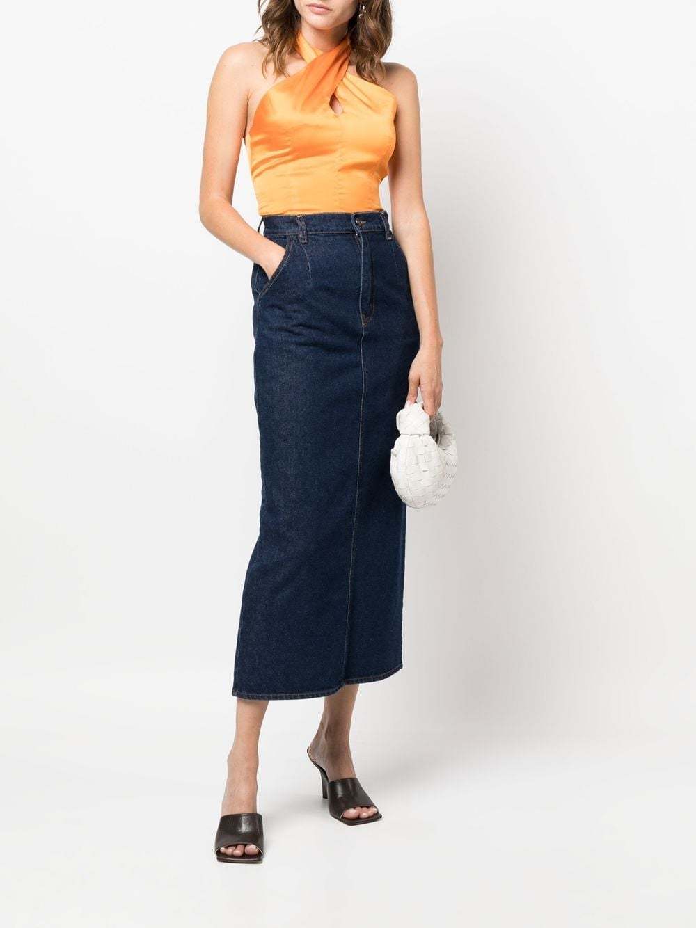 Magda Butrym High-waisted Denim Skirt With Pockets And Slit In Blue