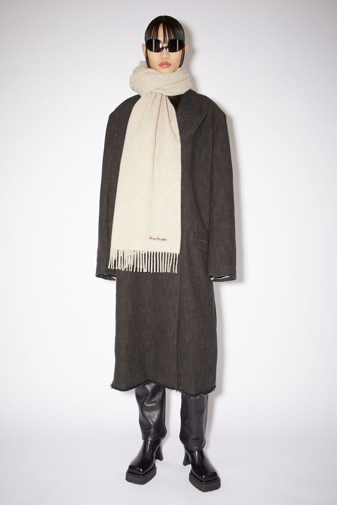 Shop Acne Studios Logo-patch Frayed-edge Scarf In Nude