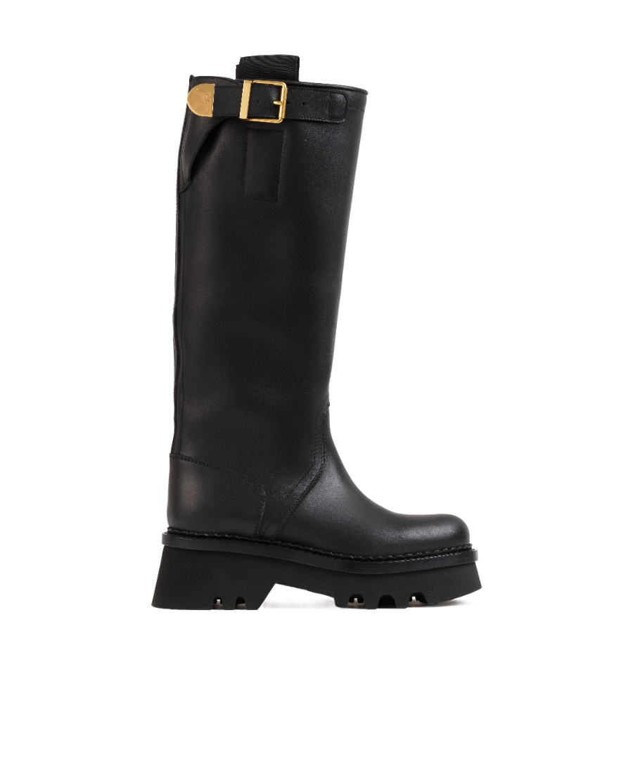 Chloé Leather Knee-high Boots With Buckle Detail And Tank Sole In Black