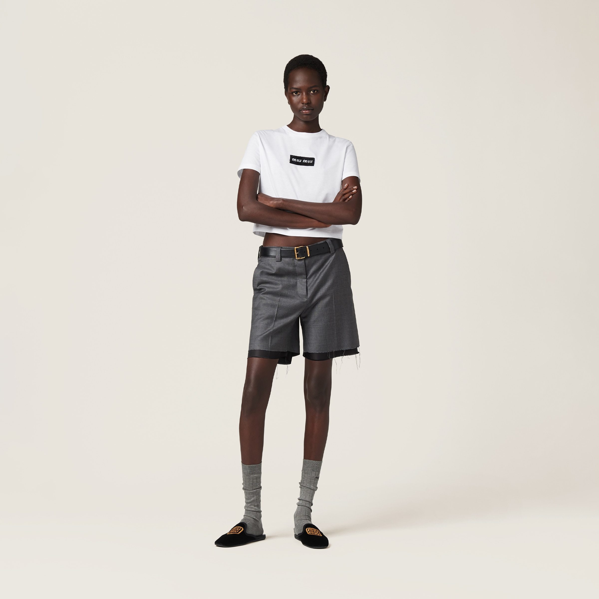 Miu Miu Sequin-logo Cotton T-shirt In White