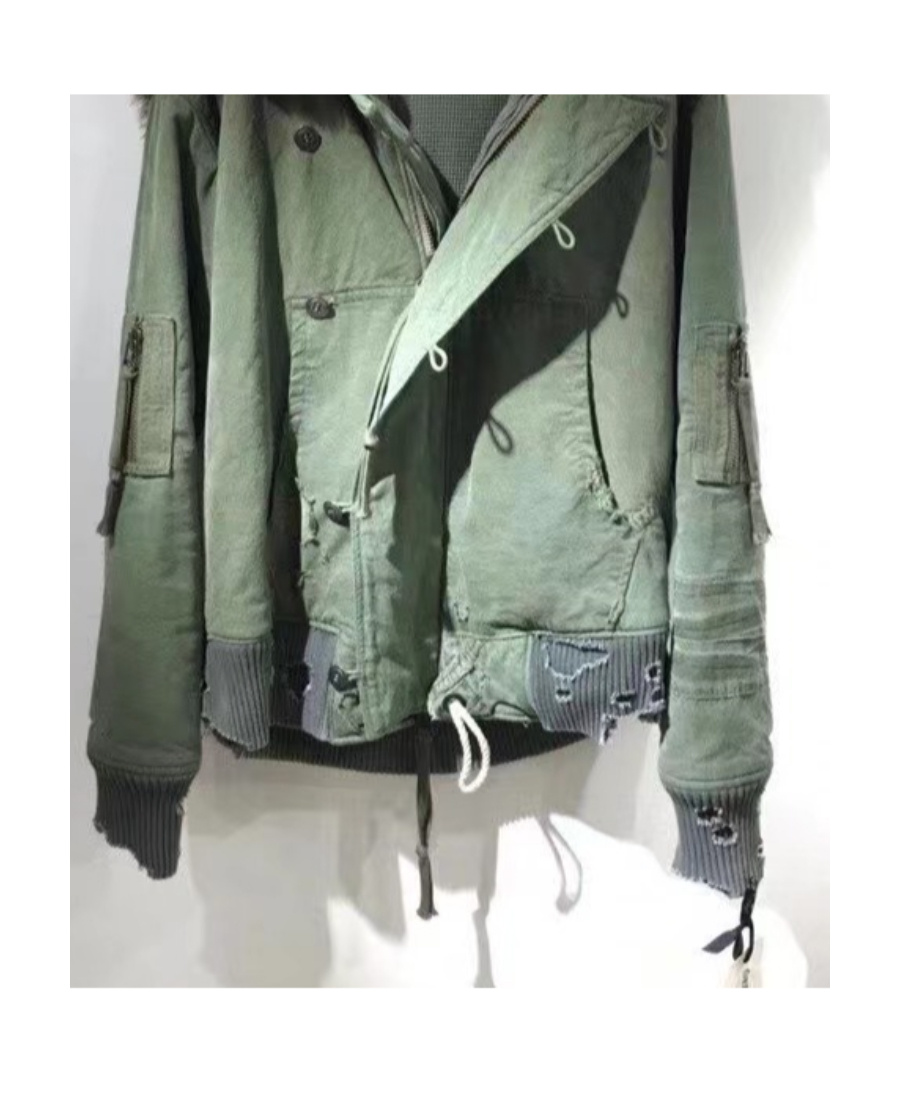 Greg Lauren Furry Collar Wear Design Casual Jacket In Green