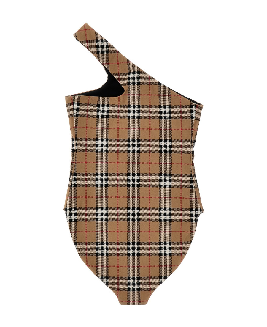 Burberry Check Stretch Nylon Asymmetric Swimsuit In Brown