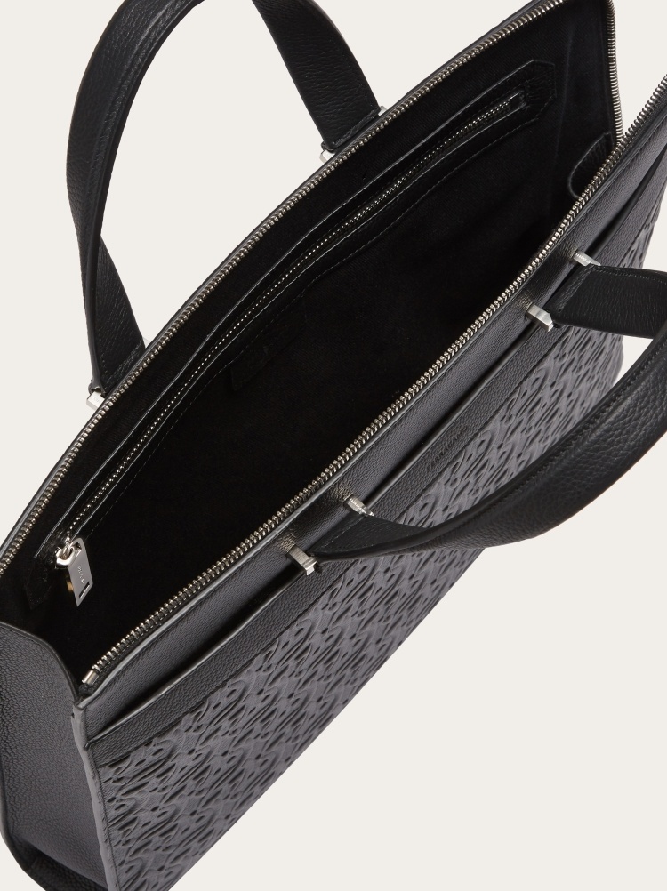 Ferragamo Black Monogram Embossed Leather Briefcase In Black