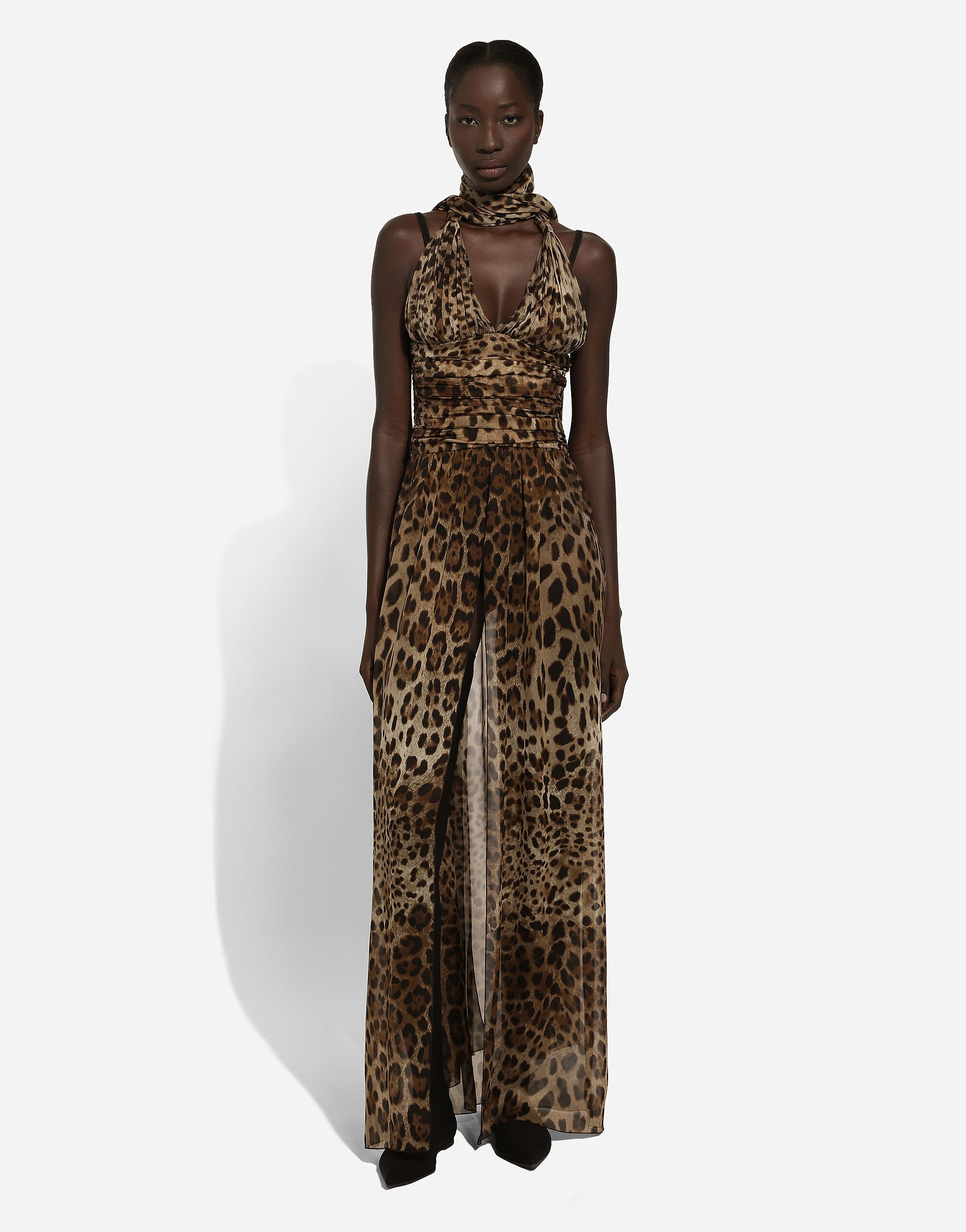 Dolce & Gabbana Leopard-print Halterneck Silk Gown In Brown