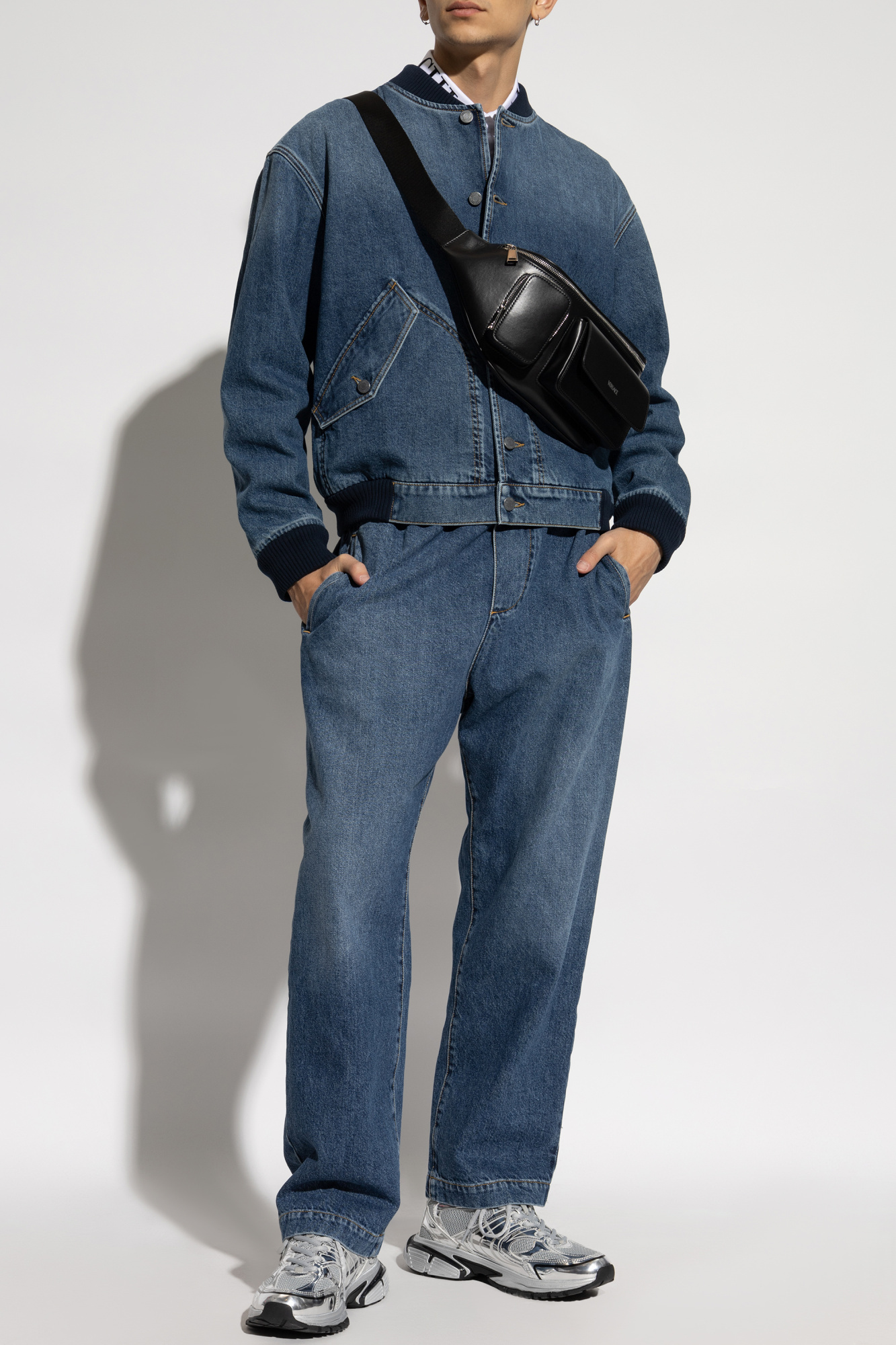 Moschino Blue Barcode Patch Denim Bomber Jacket In Blue