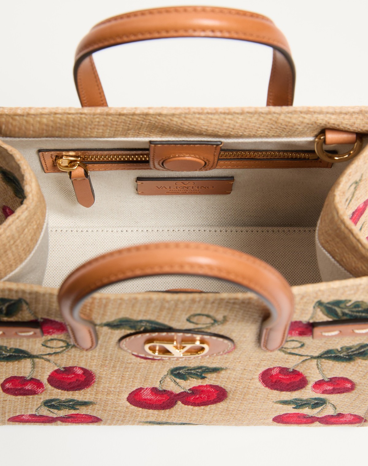 Shop Valentino Garavani Antibes Small Shopping Bag In Synthetic Jacquard Raffia With Cherryfic Pattern In Nude