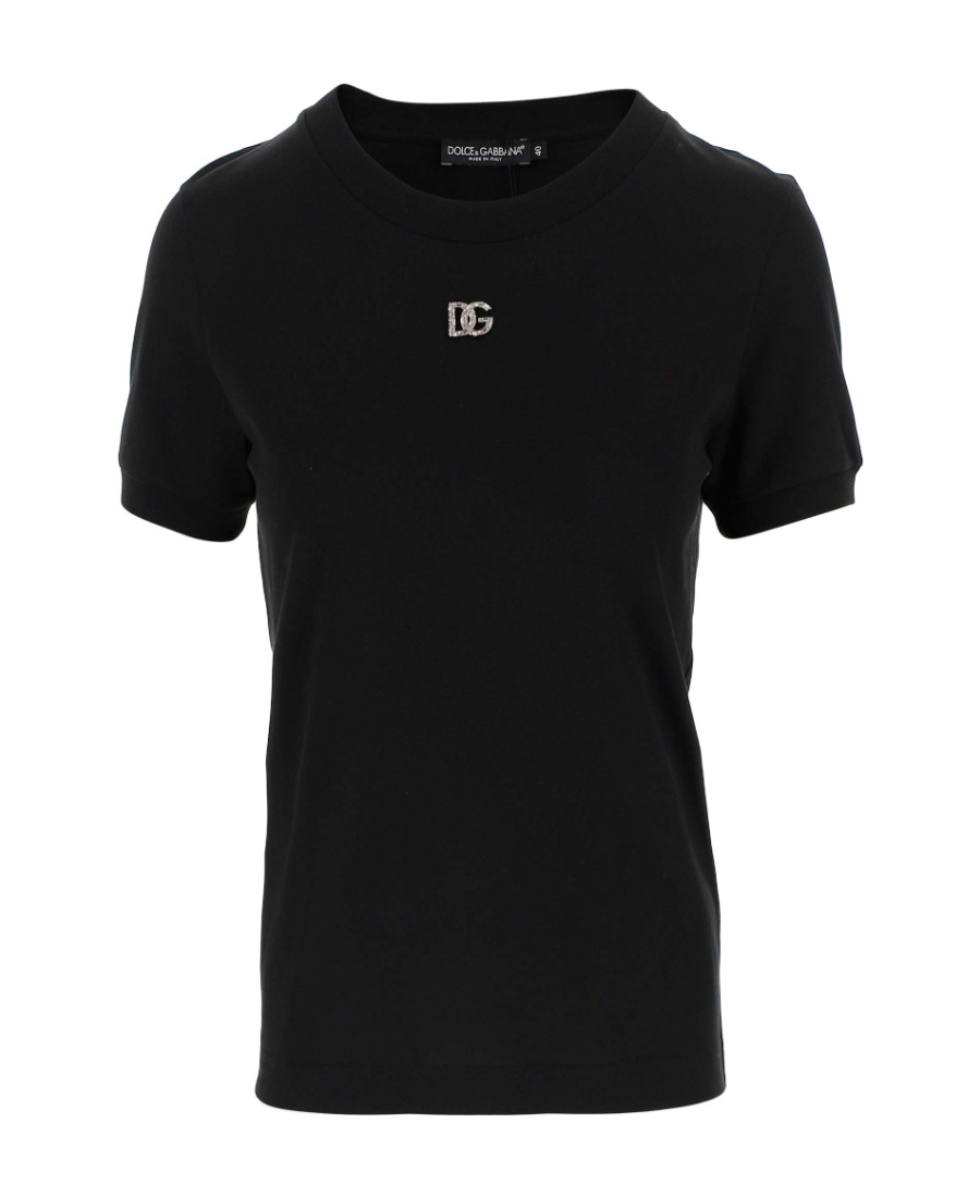 Dolce & Gabbana Black T-shirt With Logo Decorated With Crystals On The Front In Cotton Woman In Black