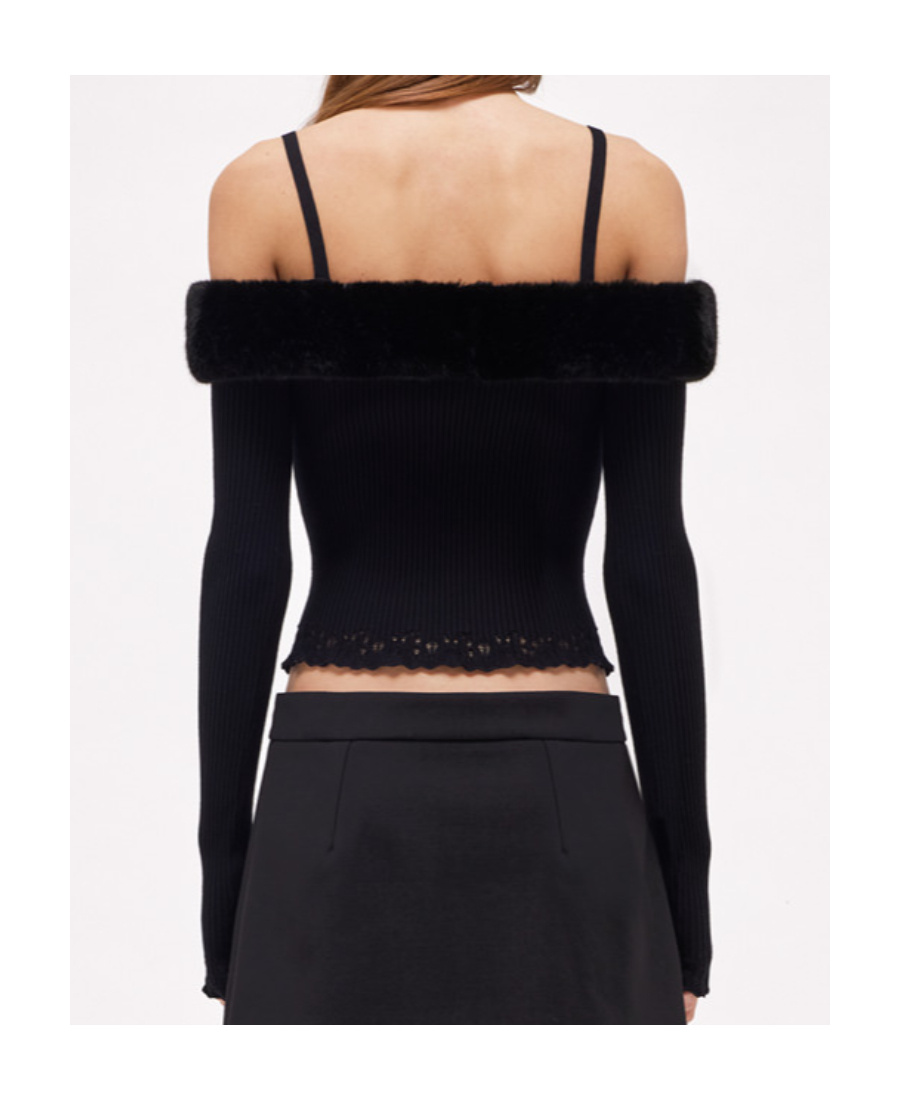 Blumarine Faux-fur Trim Off-shoulder Jumper In Black