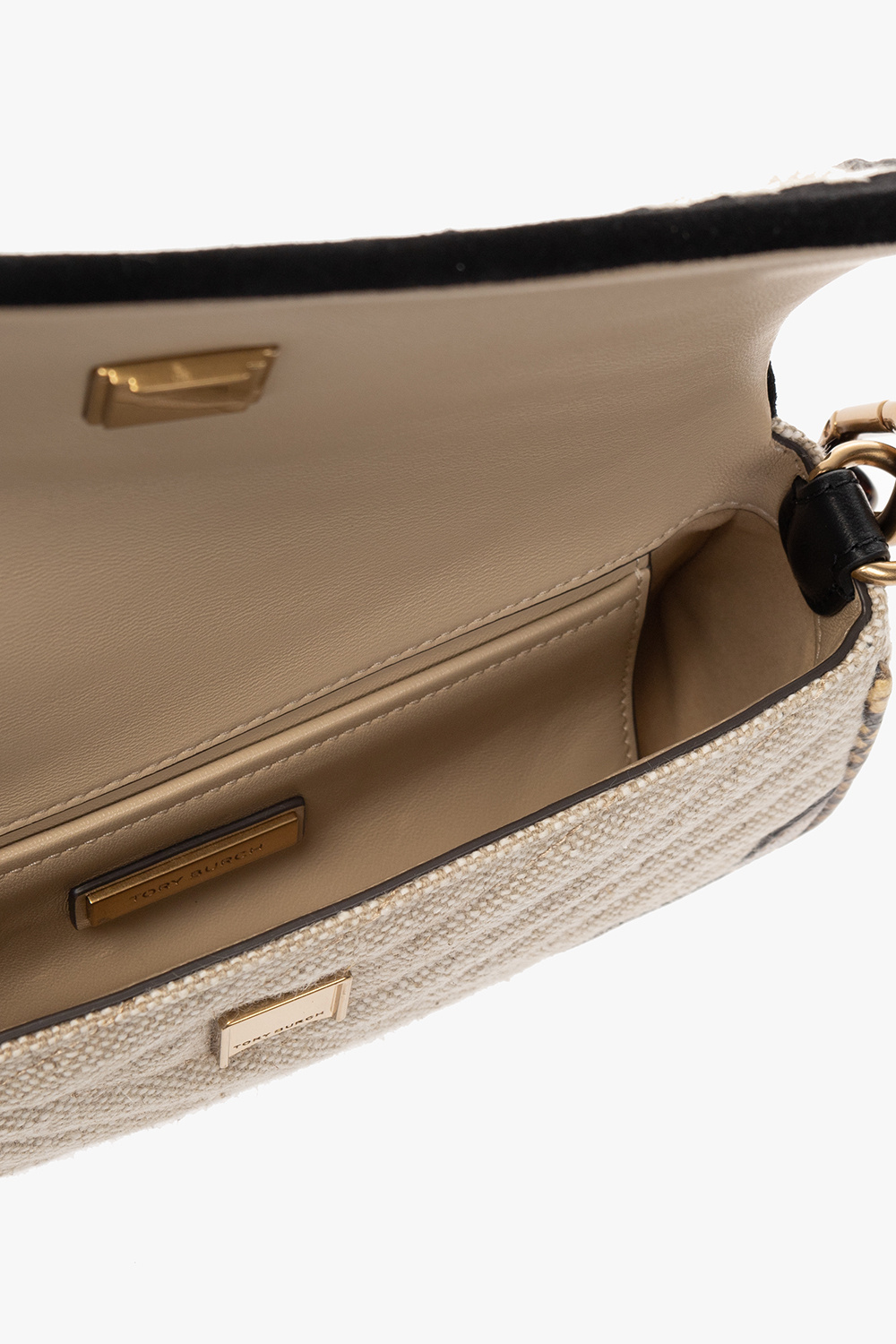 Tory Burch Small Kira Mixed-media Shoulder Bag In Nude