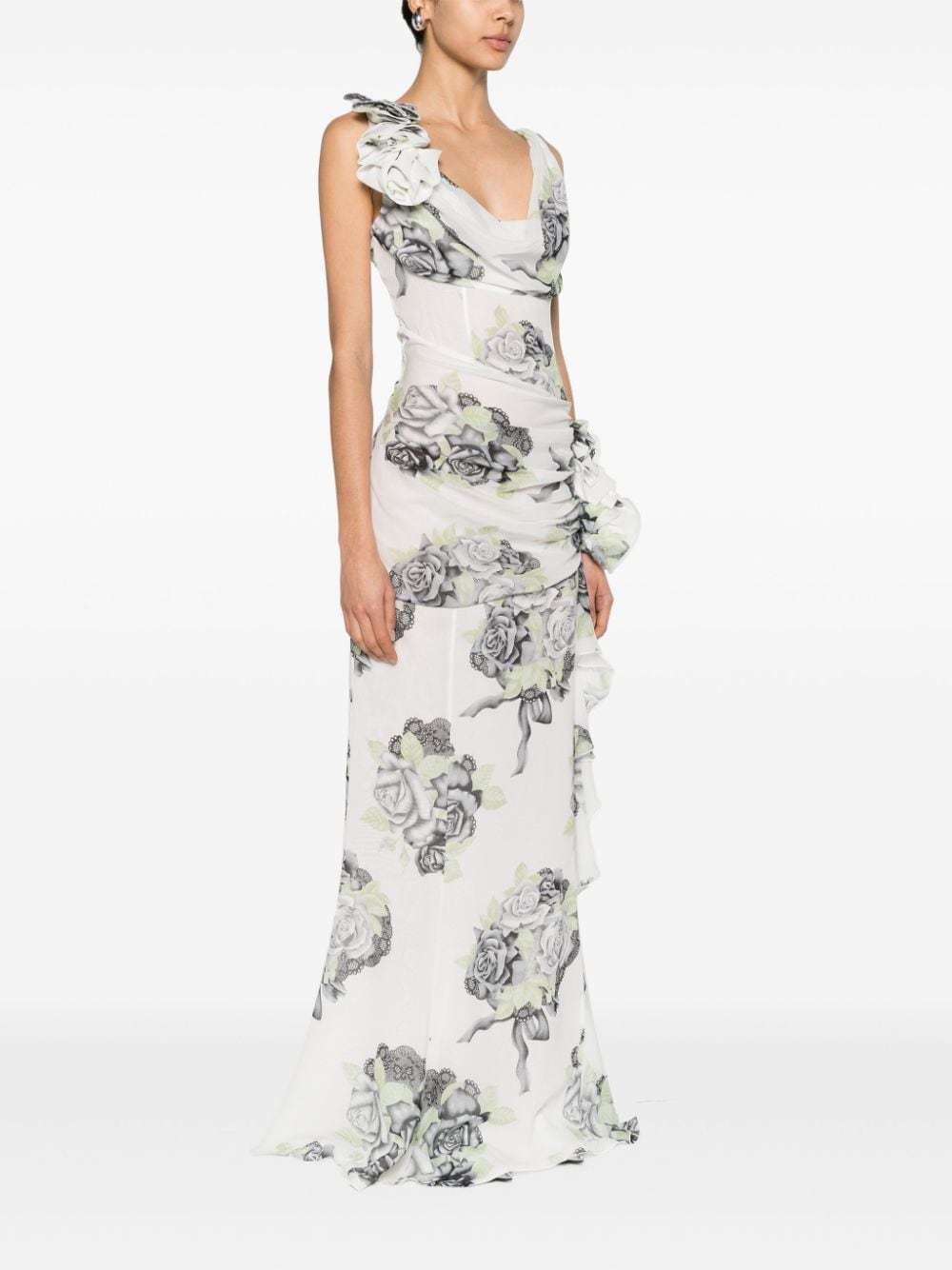 Shop Alessandra Rich Rose-print Silk Gown In White