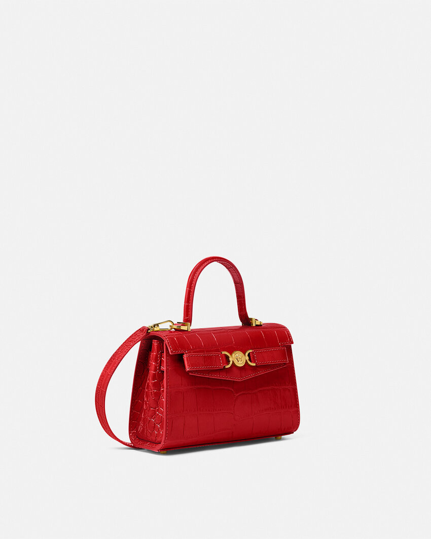 Versace Small Crocodile-embossed Top-handle Bag In Red