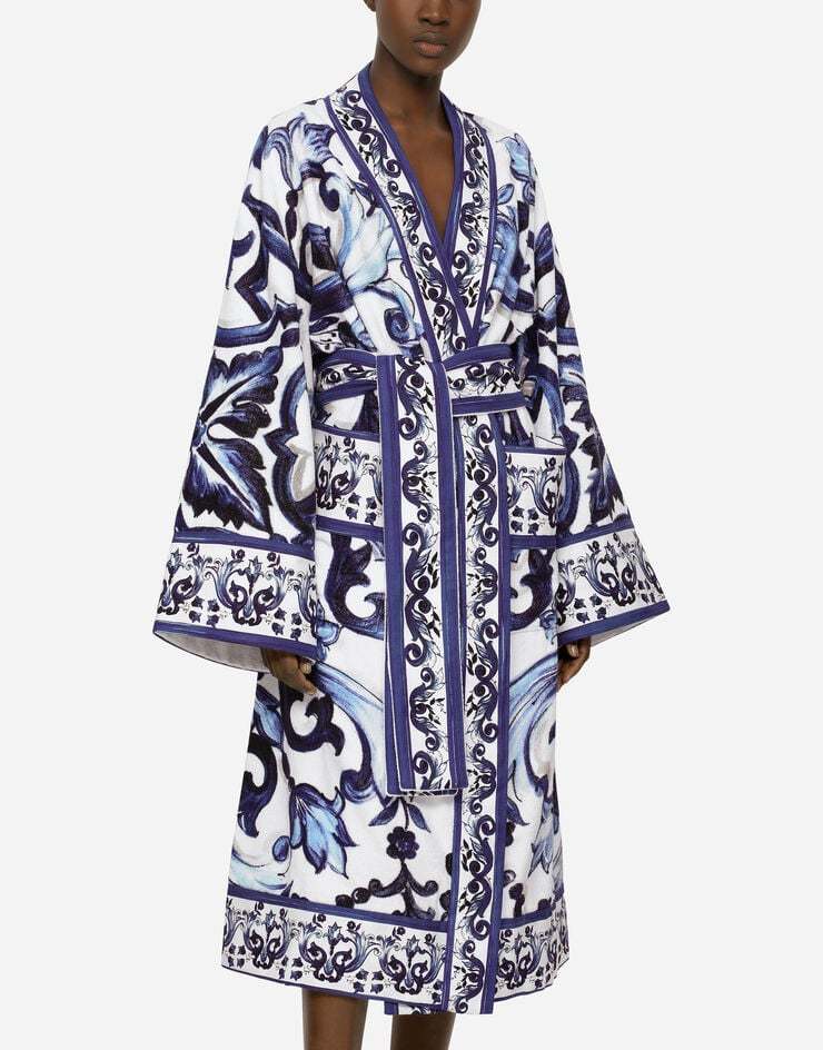 Dolce & Gabbana Graphic-print Long Sleeve Bath Robe In Blue