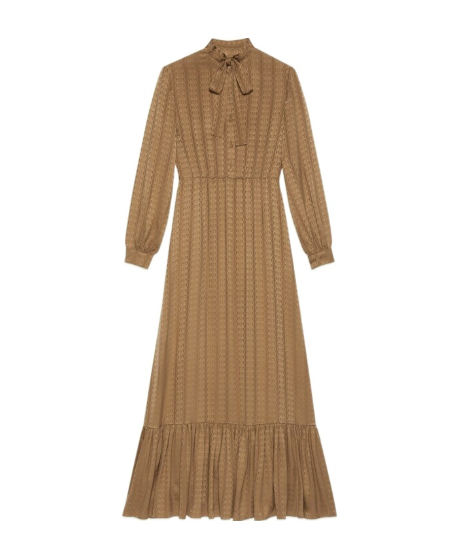 Gucci Gg-jacquard Silk Maxi Shirt Dress In Brown