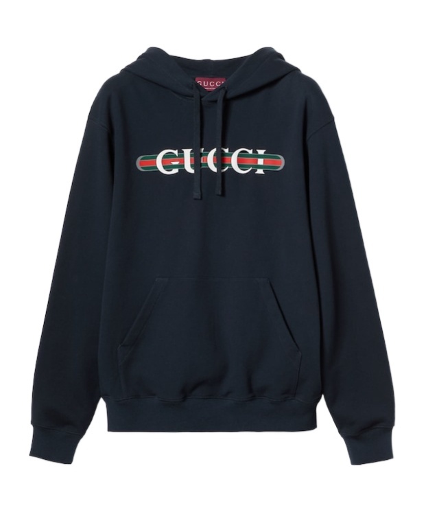 Gucci Blue Hoodie With Drawstring Hood And Logo Print On The Front In Jersey Man In Black