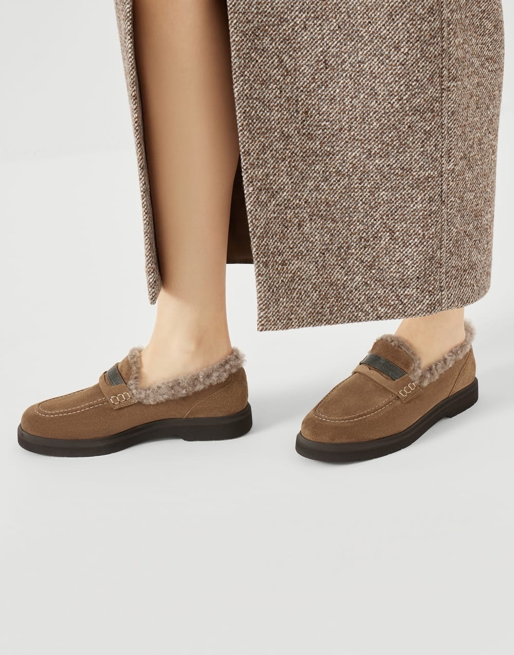 Brunello Cucinelli Monili Trim Genuine Shearling Lined Loafer In Brown
